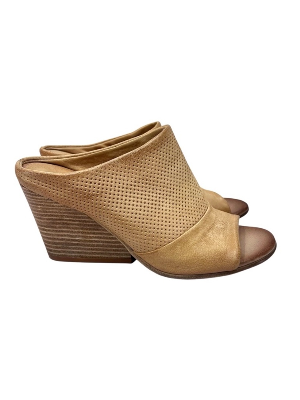 Miz Mooz Perforated Leather Kenzie Open Toe Slide Wedge Heel Booties Nude Wheat